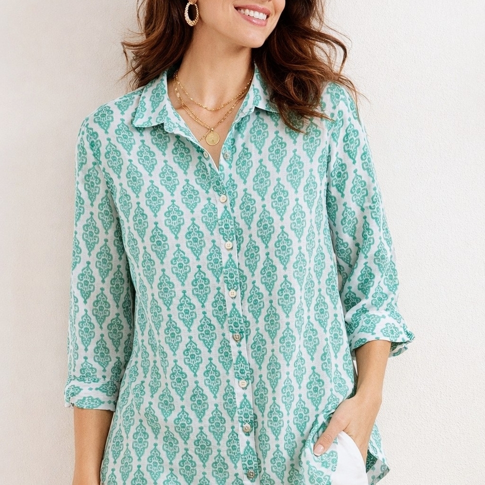 Chico’s 100% Linen No Iron Green  Tunic Shirt Size 2 Resort Wear Block Print Top